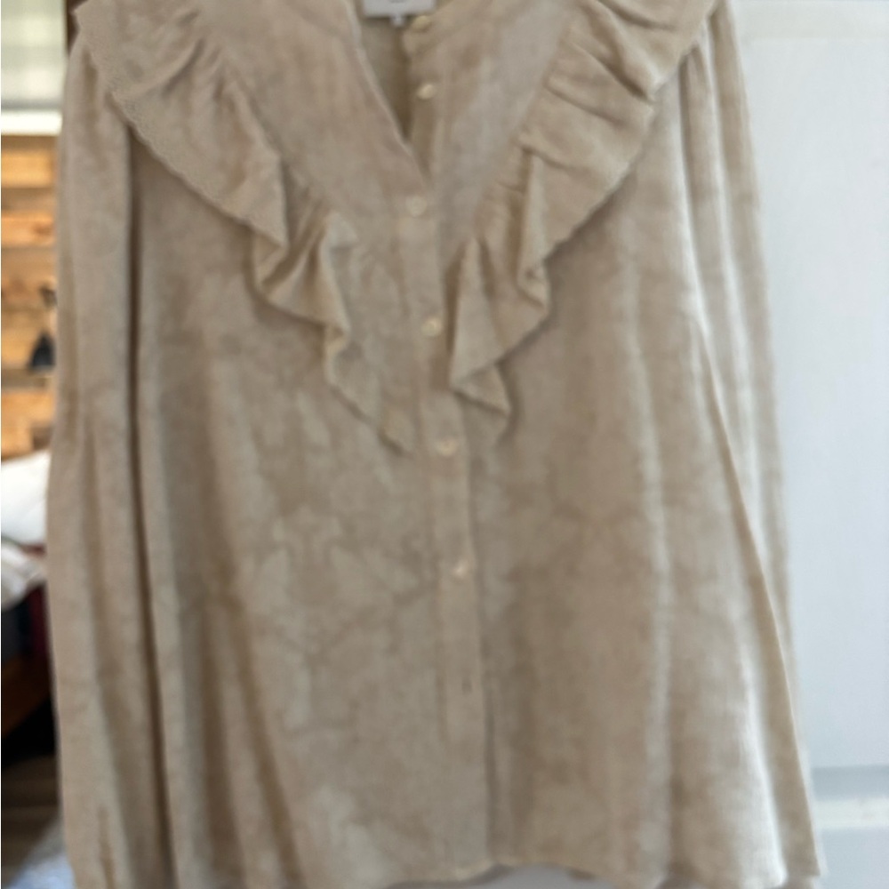 FRNCH Cream Textured Ruffle-Yoke Long Sleeve Blouse - Picture 6 of 7